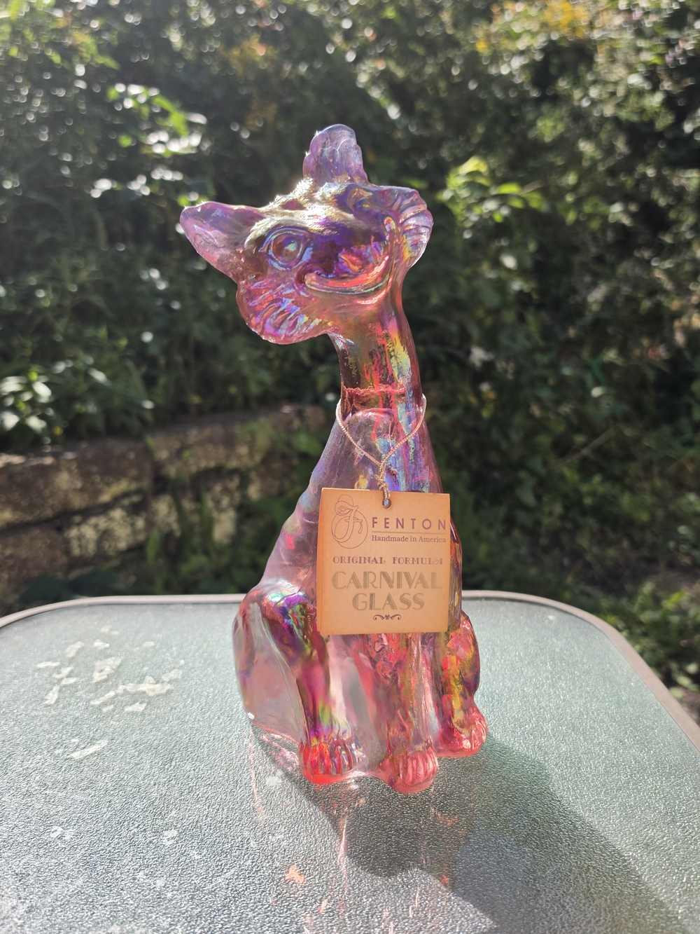 Vintage Fenton Alley Cat Pink Iridescent Carnival Glass Figurine Original Tag